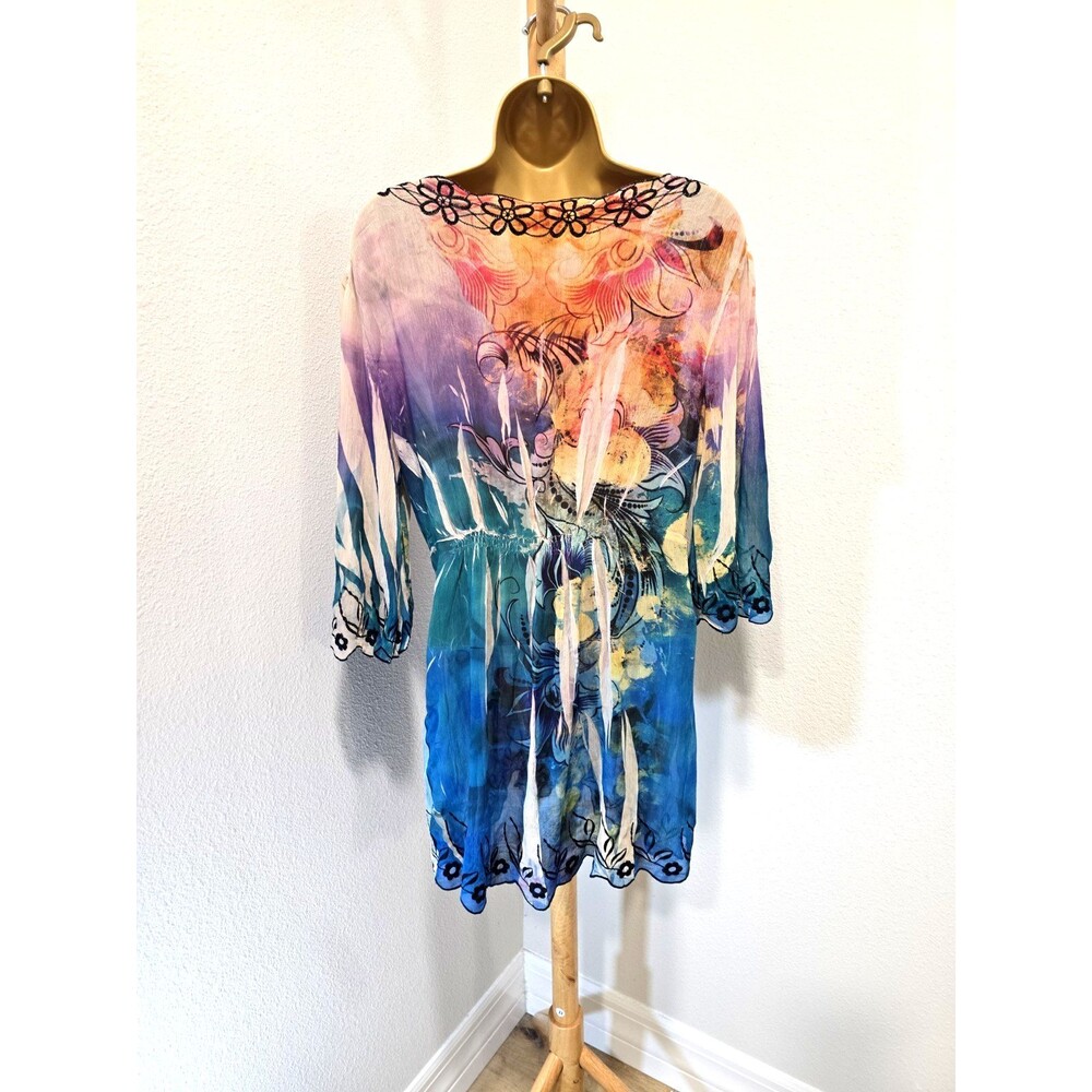 Mushka Sienna Rose Embroidered Tunic Top Womens Lg Rainbow Multicolor Boho Fairy - Picture 5 of 7